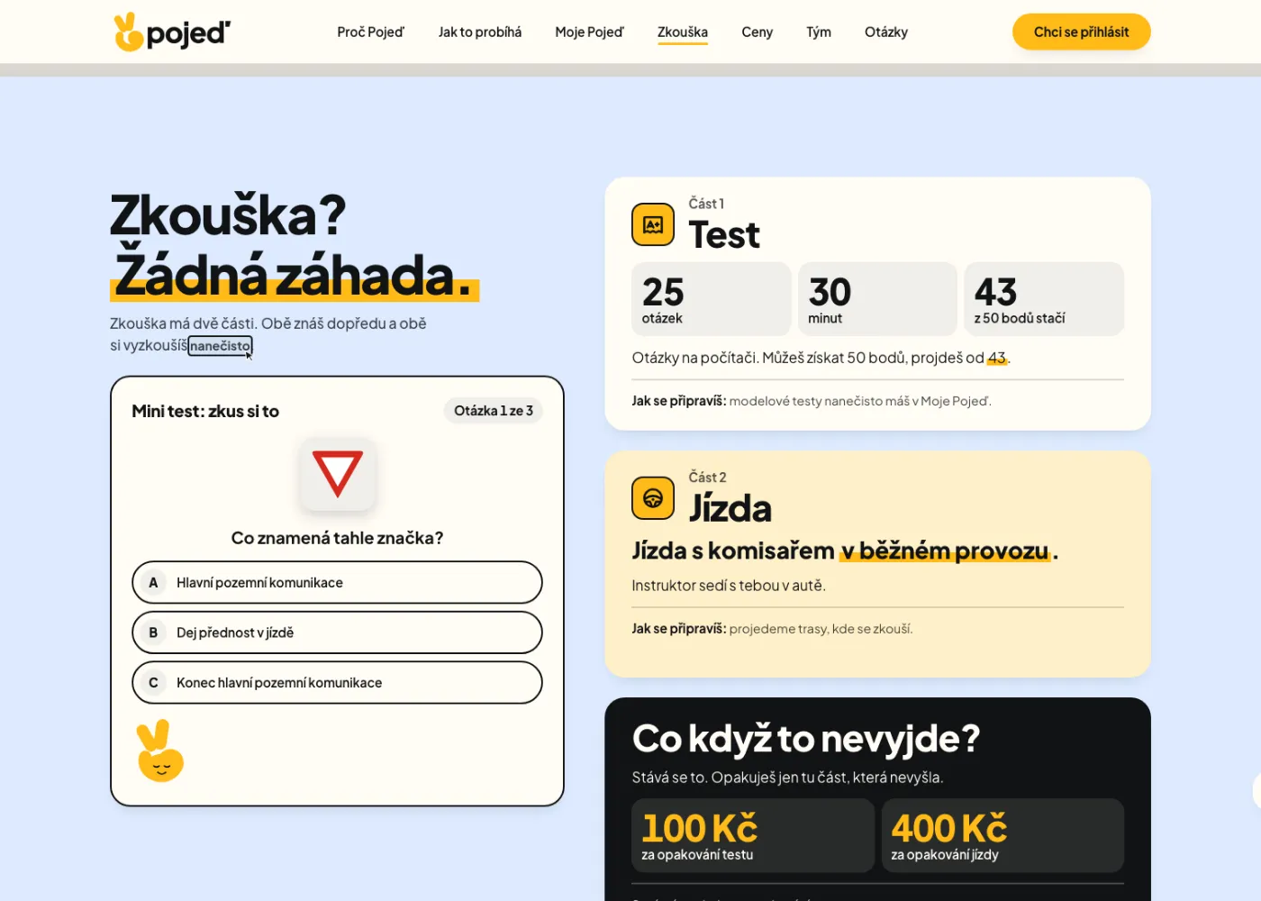 Ukázka webu autoškoly Pojeď, stránka o zkoušce